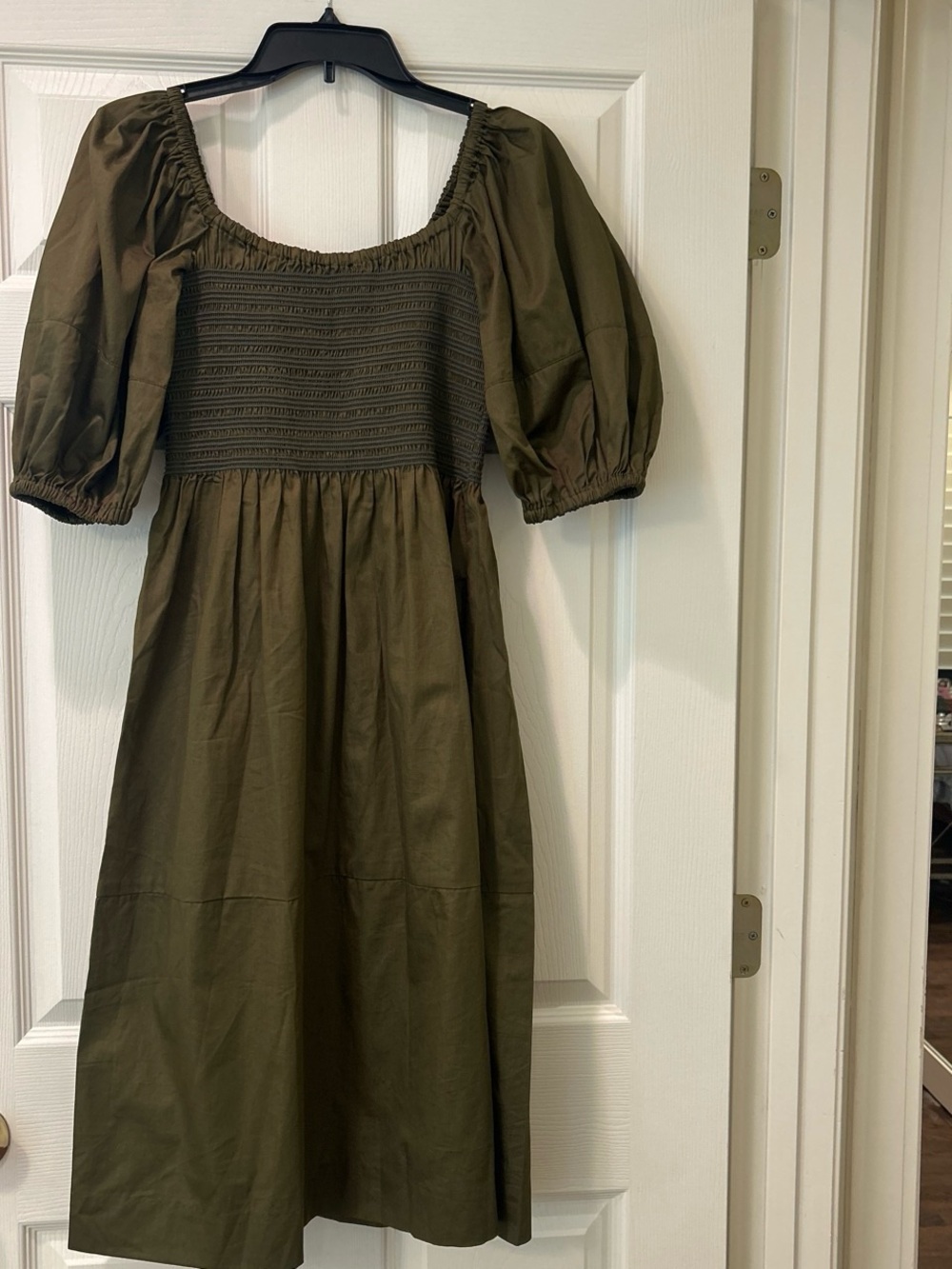 La Ligne Olive Midi Dress with Puff Sleeves and pockets